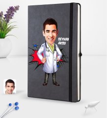 Kişiye Özel Erkek Doktor Karikatürlü Siyah Termo Deri Defter 16x24cm Model 2