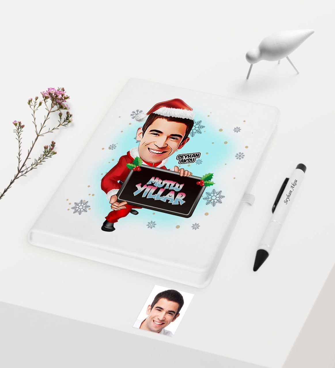 Kişiye Özel Yılbaşı Temalı Bay Karikatürlü Beyaz Defter Kalem Seti - 2