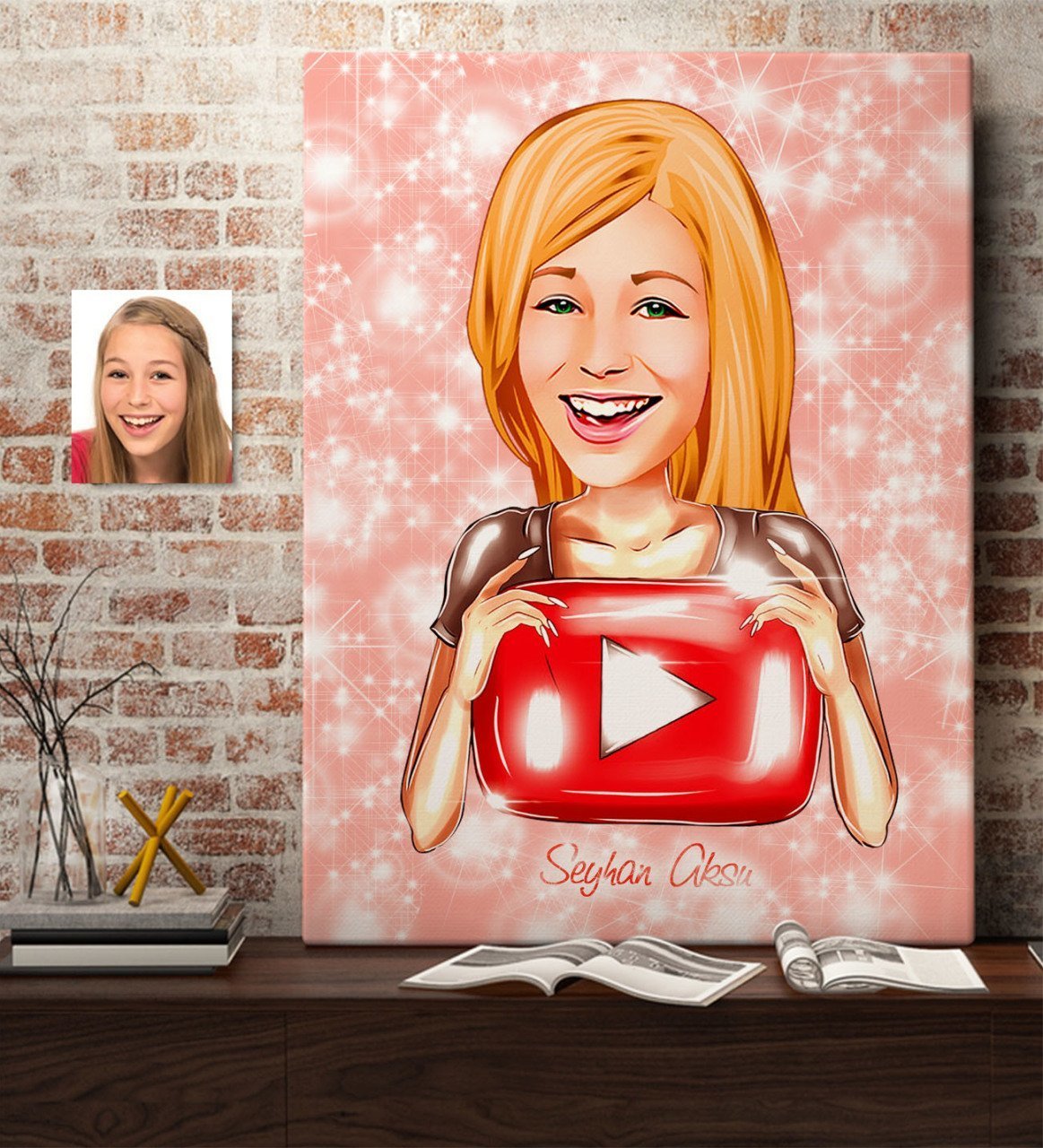 Kişiye Özel Kadın Youtuber Karikatürlü Kanvas Tablo 50x70cm-1