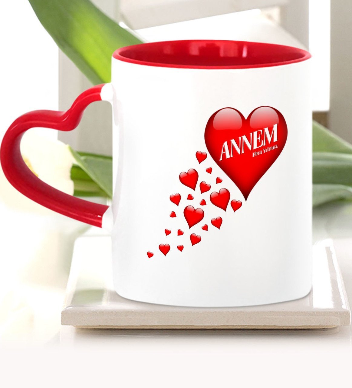 Kişiye Özel Annem Kırmızı Kalpli Kupa Bardak - 1