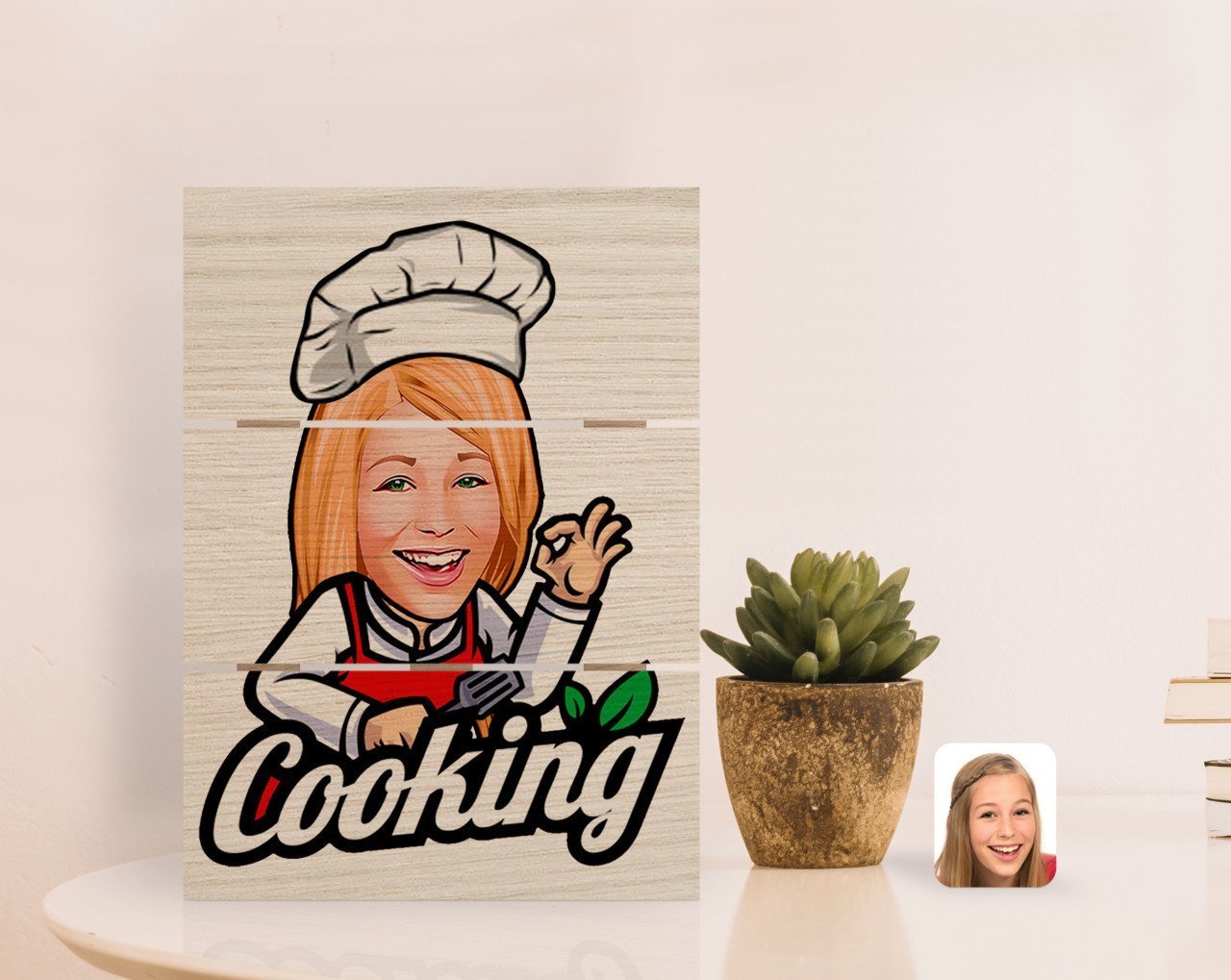 Kişiye Özel Kadın Chef Karikatürlü Otantik Masaüstü Ahşap Palet Çerçeve-14