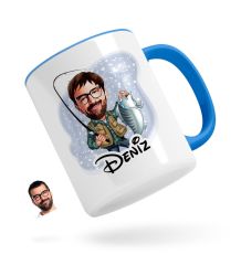 Kişiye Özel Erkek Balıkçı Karikatürlü Mavi Kupa Bardak