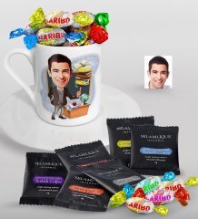Kişiye Özel Bay Öğretmen Karikatürlü Türk Kahvesi Fincanı Selamlique Karışık Türk Kahvesi ve Haribo Şeker Hediye Seti-2