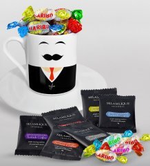 Kişiye Özel Sevgililer Günü Türk Kahvesi Fincanı Selamlique Karışık Türk Kahvesi ve Haribo Şeker Hediye Seti-99