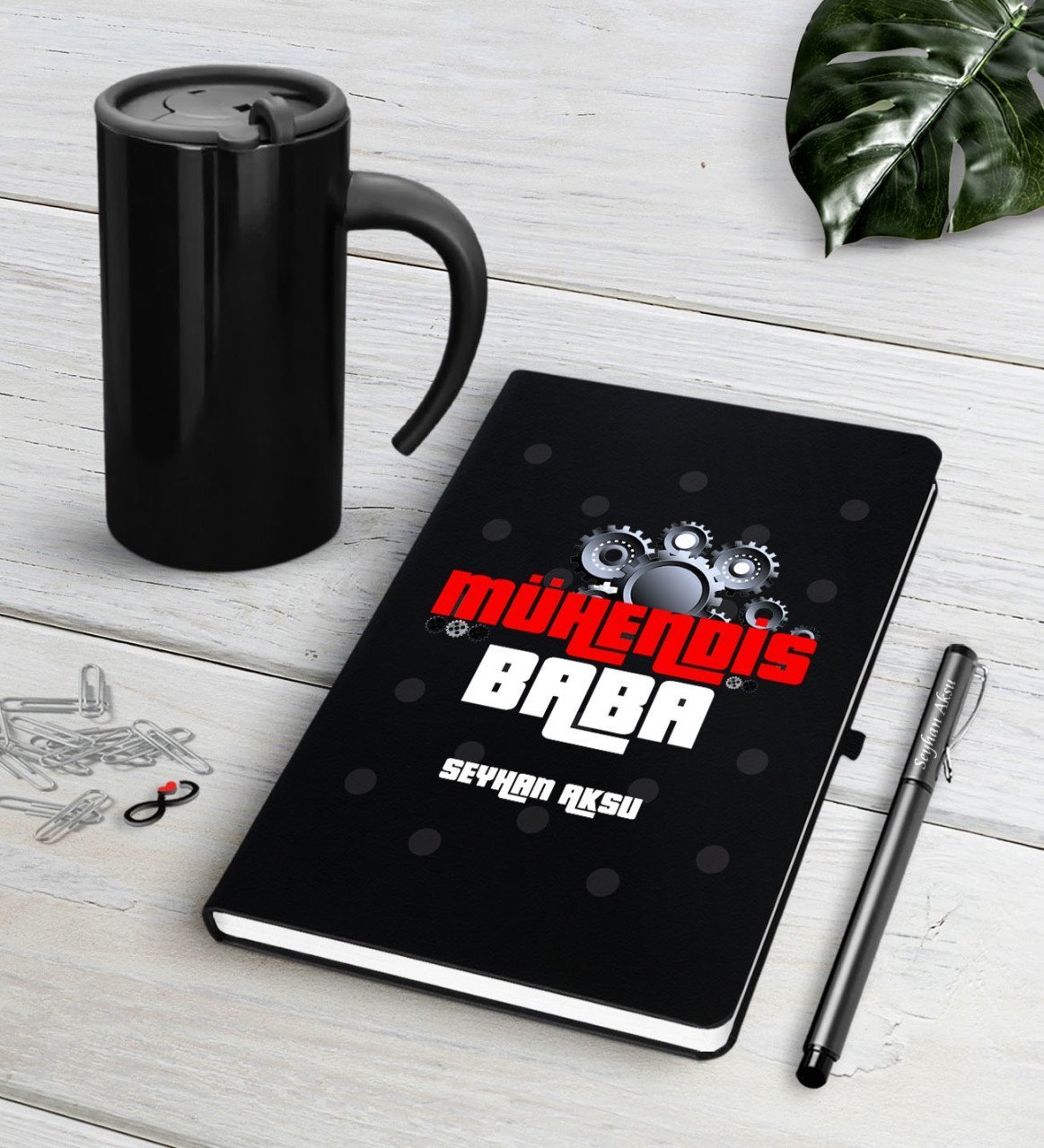 Kişiye Özel Mühendis Baba Siyah Defter Kalem Termos Mug Seti-1