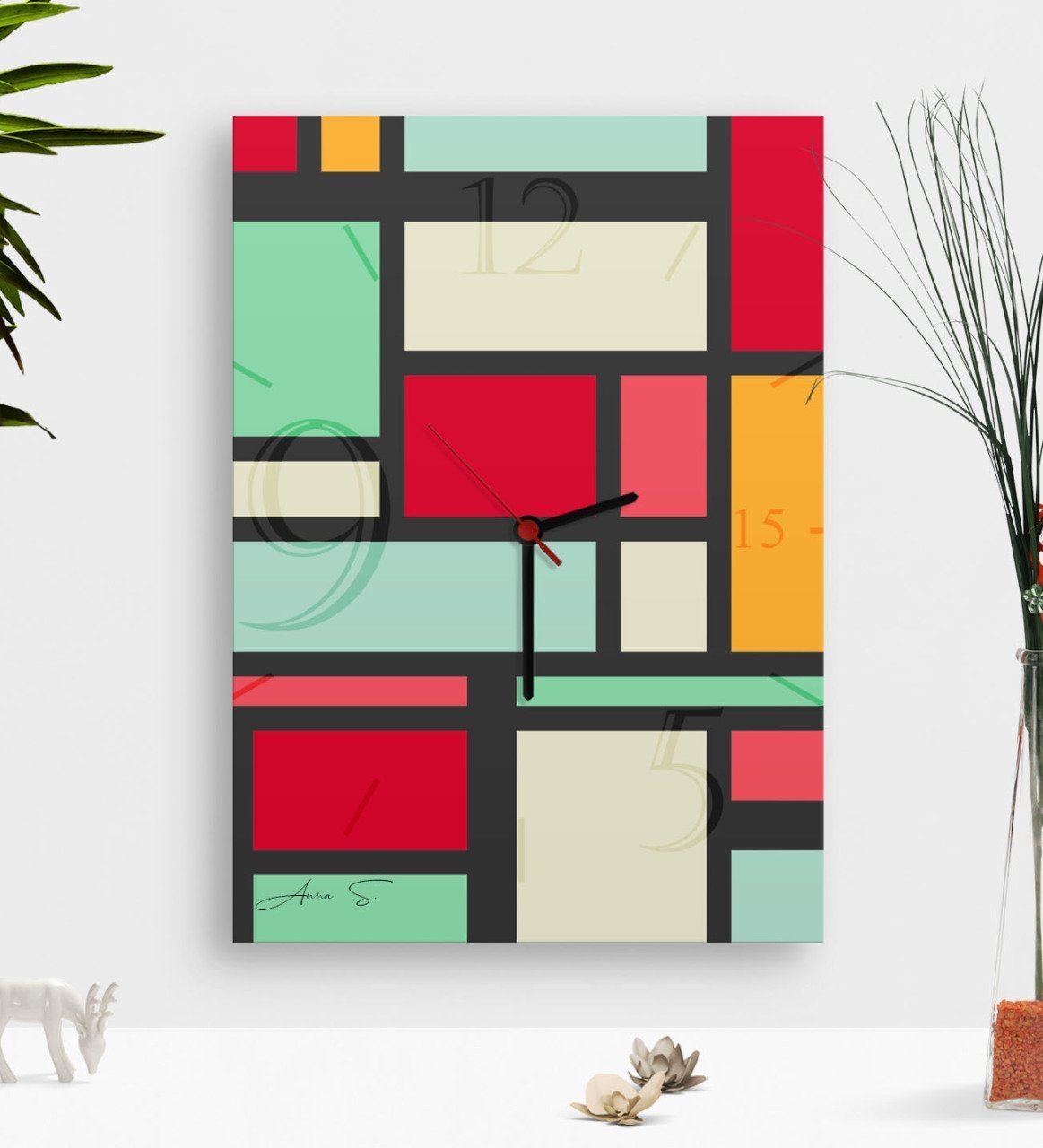 Kişiye Özel Mondrian Ahşap Tablo Duvar Saati-2