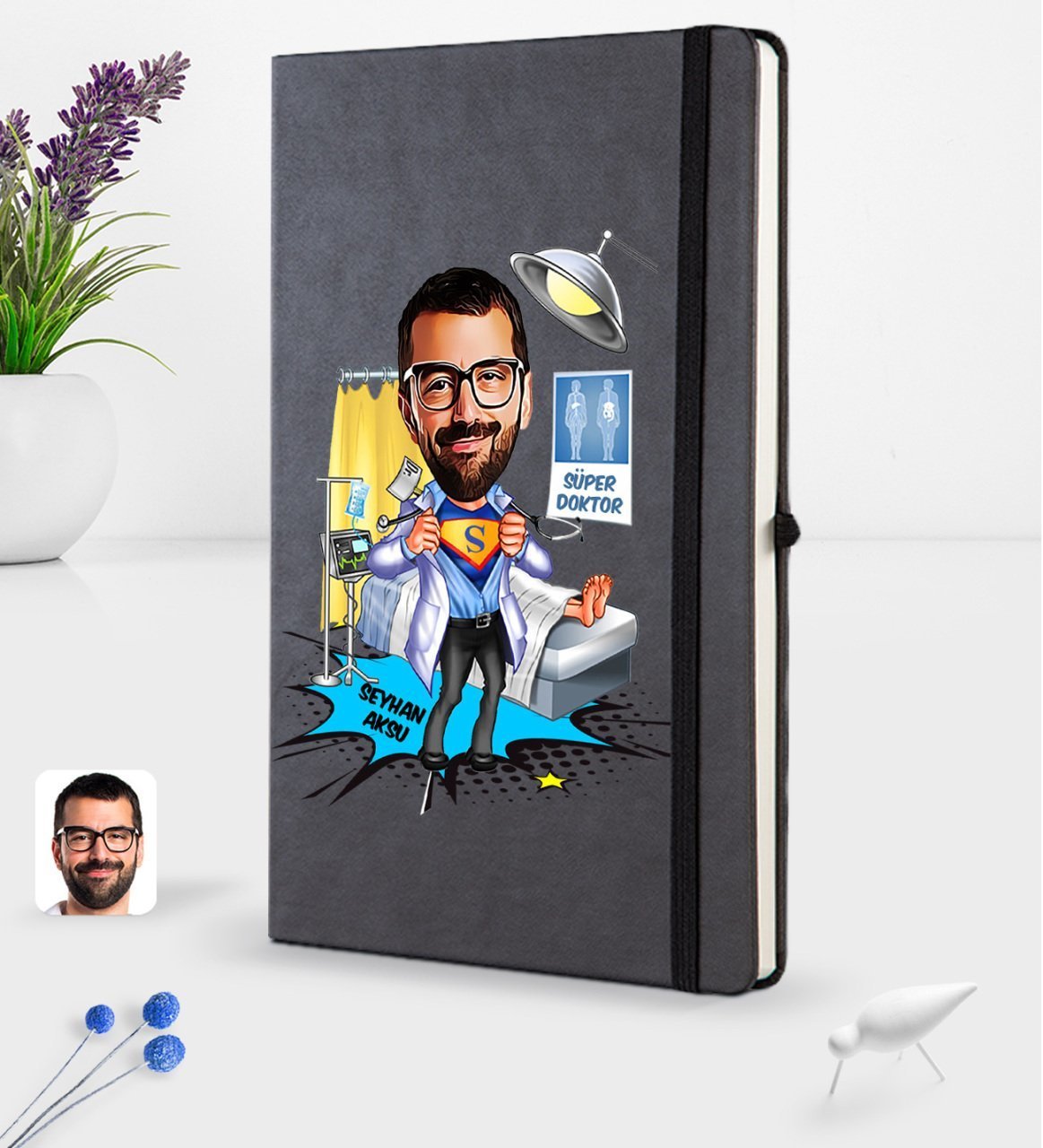 Kişiye Özel Erkek Doktor Karikatürlü Siyah Termo Deri Defter 16x24cm Model 1