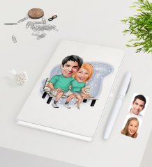 Kişiye Özel Sevgililer Karikatürlü Beyaz Defter Kalem Seti-55