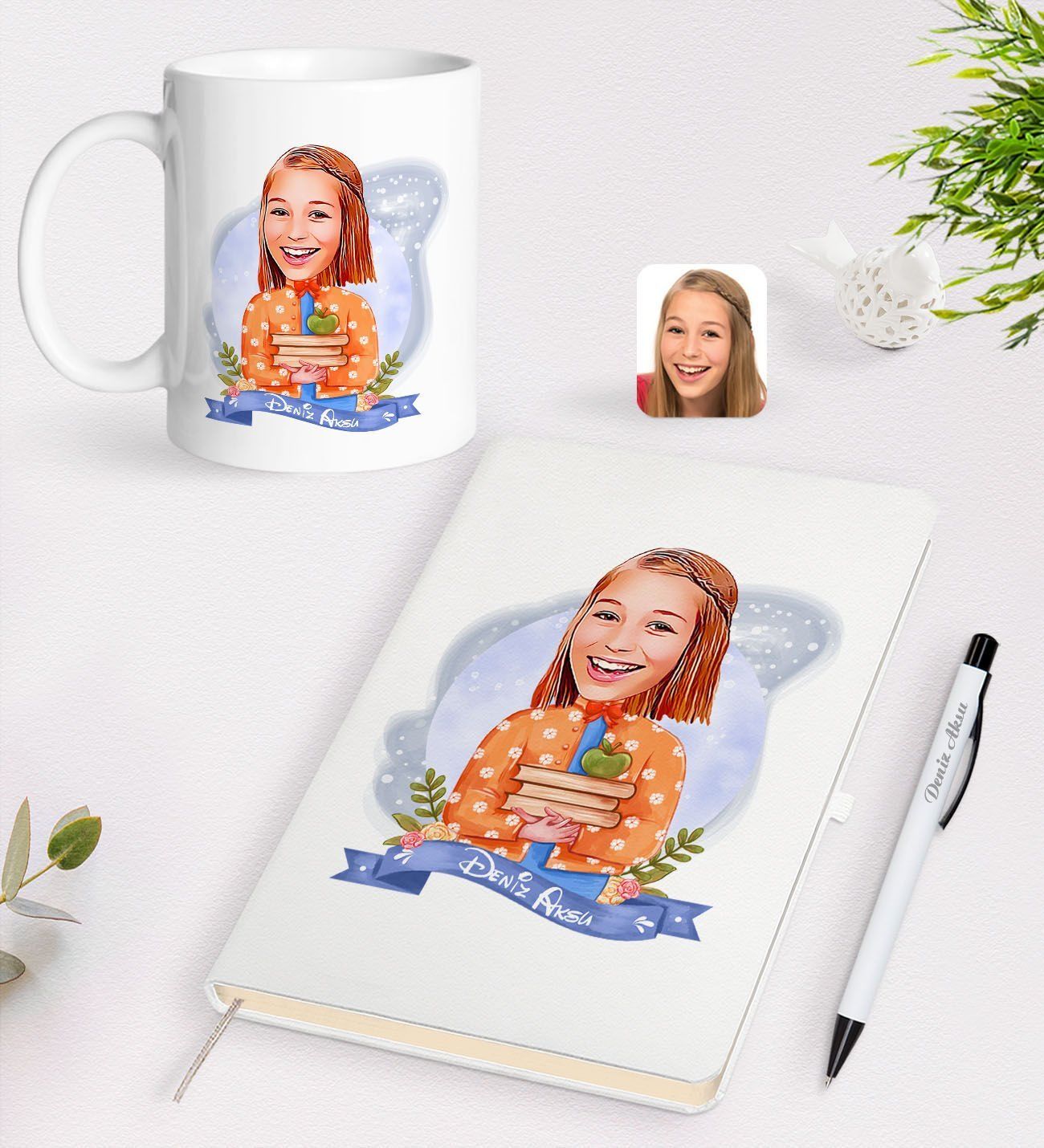 BK Gift Kişiye Özel Öğretmen Karikatürlü Beyaz Defter Kalem Kupa Seti - 4