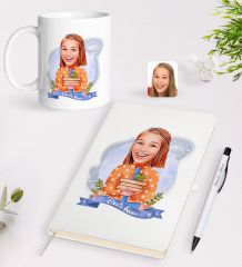 BK Gift Kişiye Özel Öğretmen Karikatürlü Beyaz Defter Kalem Kupa Seti - 4