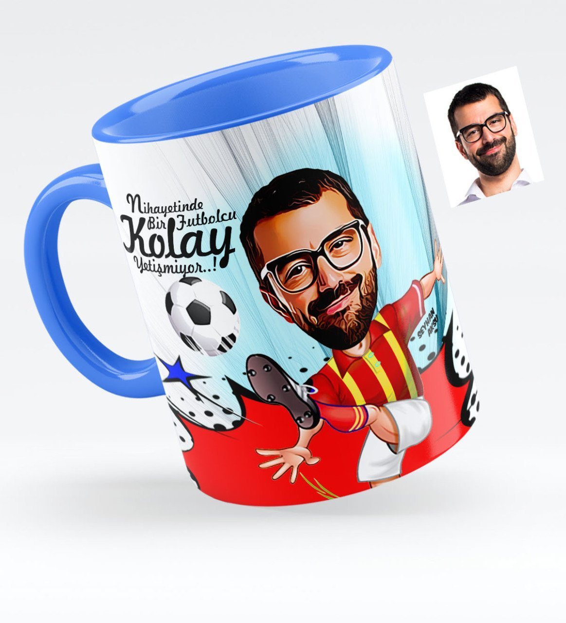 Kişiye Özel Bay Futbolcu Sarı Kırmızı Karikatürlü Mavi Kupa Bardak - 1