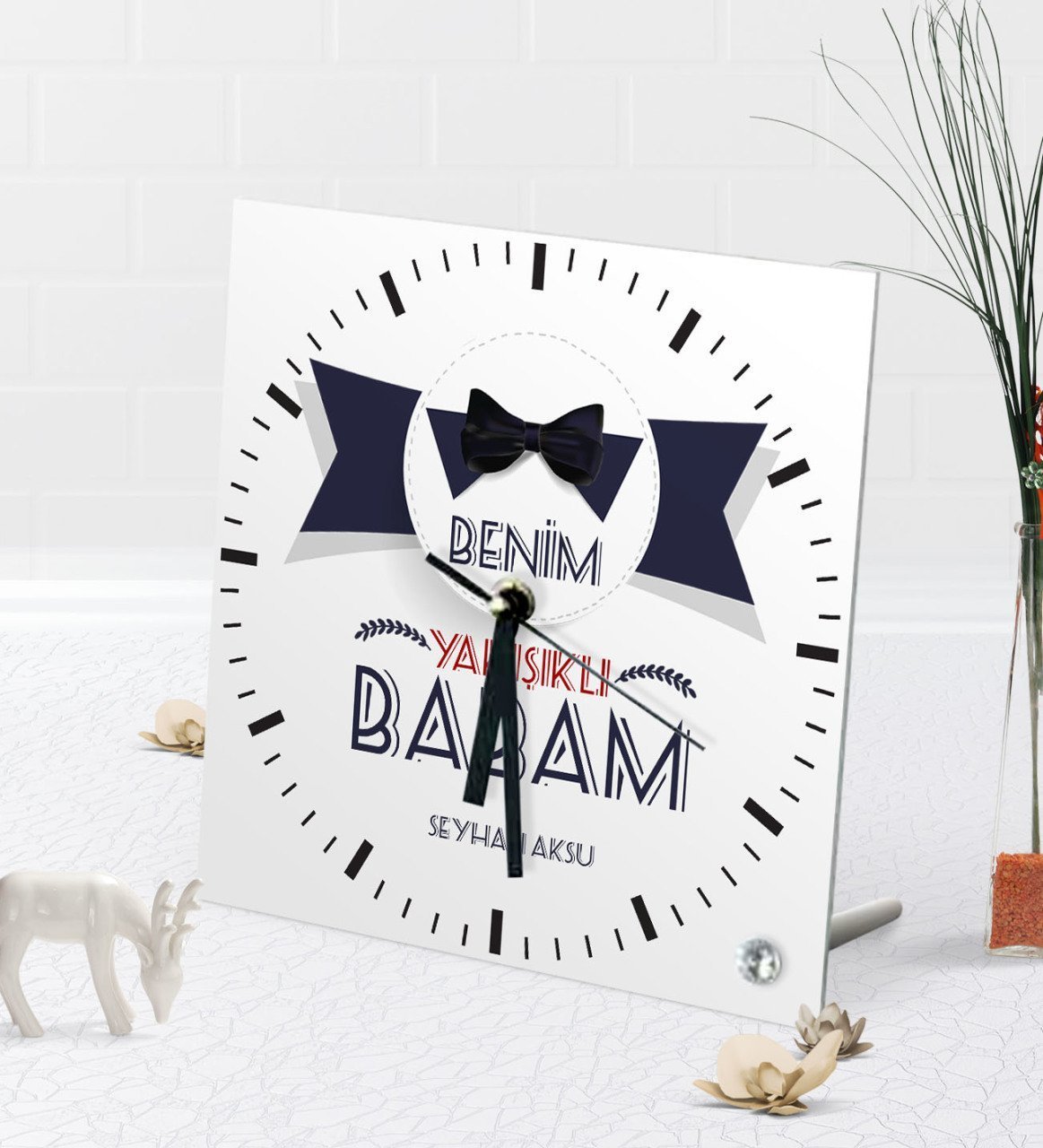 Kişiye Özel Benim Yakışıklı Babam Masaüstü Kare Cam Saat