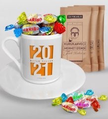 BK Gift Kişiye Özel 2023 Mutlu Yıllar Türk Kahvesi Fincanı Mehmet Efendi Kahve ve Haribo Şeker Hediye Seti-7