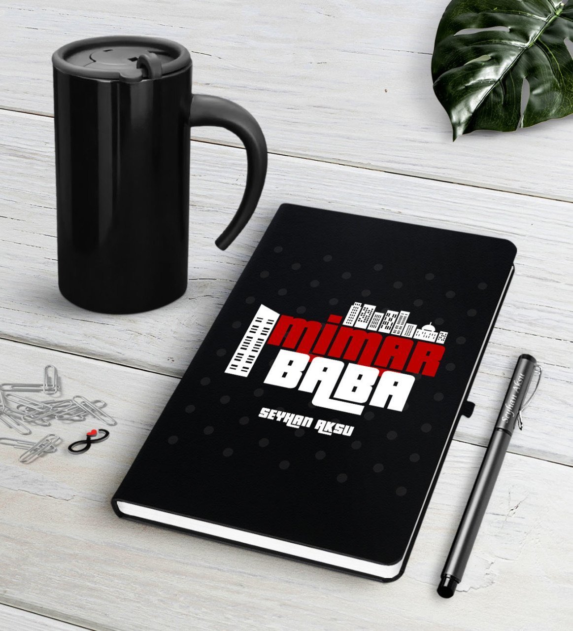 Kişiye Özel Mimar Baba Siyah Defter Kalem Termos Mug Seti-1
