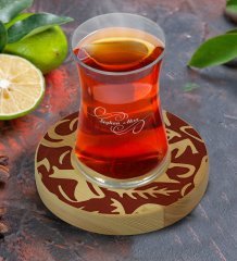 Kişiye Özel Retro Motif Tasarımlı Doğal Ahşap Tabaklı Heybeli Çay Bardağı Model 2