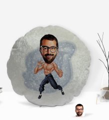 Kişiye Özel Bruce Lee Karikatürlü Yuvarlak Dekoratif Kırlent Yastık-1