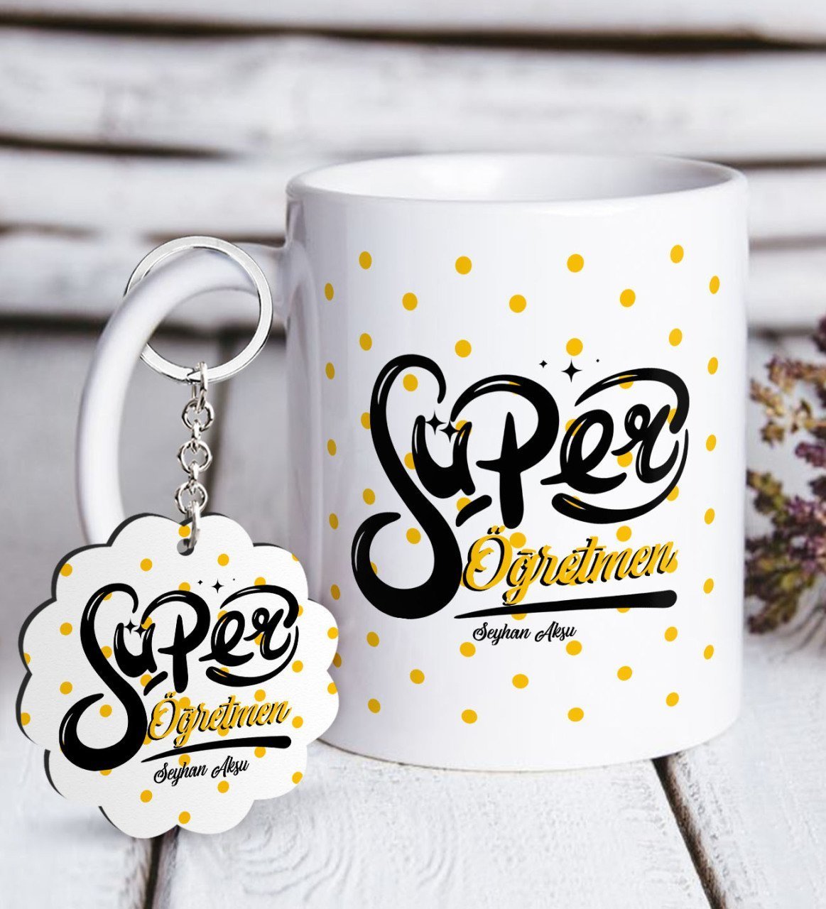 Kişiye Özel Süper Öğretmen Beyaz Kupa ve Anahtarlık Hediye Seti-1