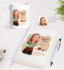 BK Gift Kişiye Özel Öğretmen Karikatürlü Beyaz Defter Kalem Kupa Seti - 3