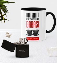 Kişiye Özel Dünyanın En Yakışıklı Babası Siyah Kupa Bardak Benzinli Çakmak Seti-2