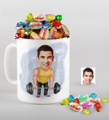 Kişiye Özel Bay Halterci Karikatürlü Kupa ve Haribo Şeker Hediye Seti-1