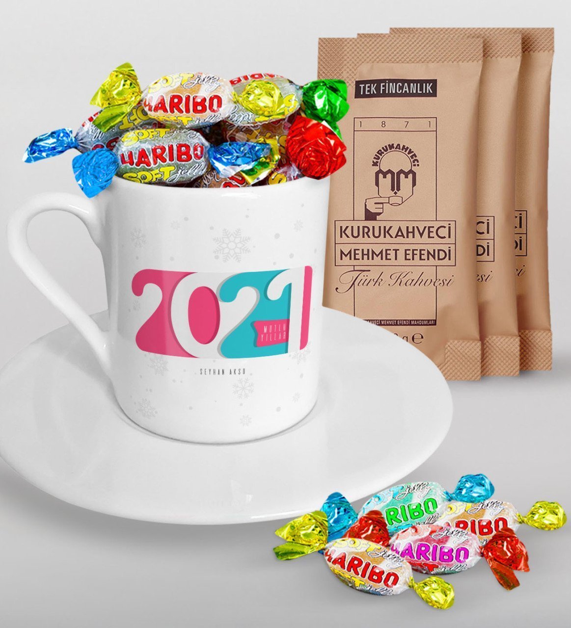 BK Gift Kişiye Özel 2023 Mutlu Yıllar Türk Kahvesi Fincanı Mehmet Efendi Kahve ve Haribo Şeker Hediye Seti-6