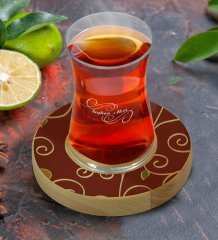 Kişiye Özel Retro Motif Tasarımlı Doğal Ahşap Tabaklı Heybeli Çay Bardağı Model 1