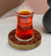Kişiye Özel Retro Motif Tasarımlı Doğal Ahşap Tabaklı Heybeli Çay Bardağı Model 1