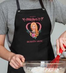 BK Gift Kişiye Özel Anneler Günü Karikatürlü Profesyonel Siyah Mutfak Önlüğü, Aşçı Önlüğü, Şef Önlüğü, Arkadaşa Hediye-15