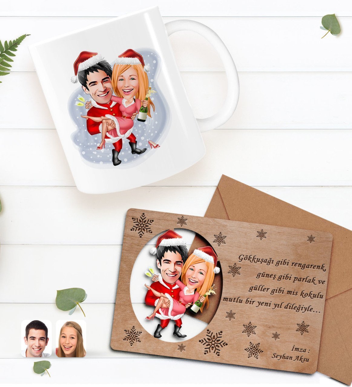 Kişiye Özel Happy New Year Kupa Bardak ve Retro Ahşap Yılbaşı Tebrik Kartı Hediye Seti-13F