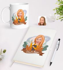 BK Gift Kişiye Özel Öğretmen Karikatürlü Beyaz Defter Kalem Kupa Seti - 2