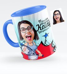 Kişiye Özel Bayan Tenis Oyuncusu Karikatürlü Mavi Kupa Bardak - 1