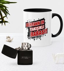 Kişiye Özel Dünyanın En Yakışıklı Babası Siyah Kupa Bardak Benzinli Çakmak Seti