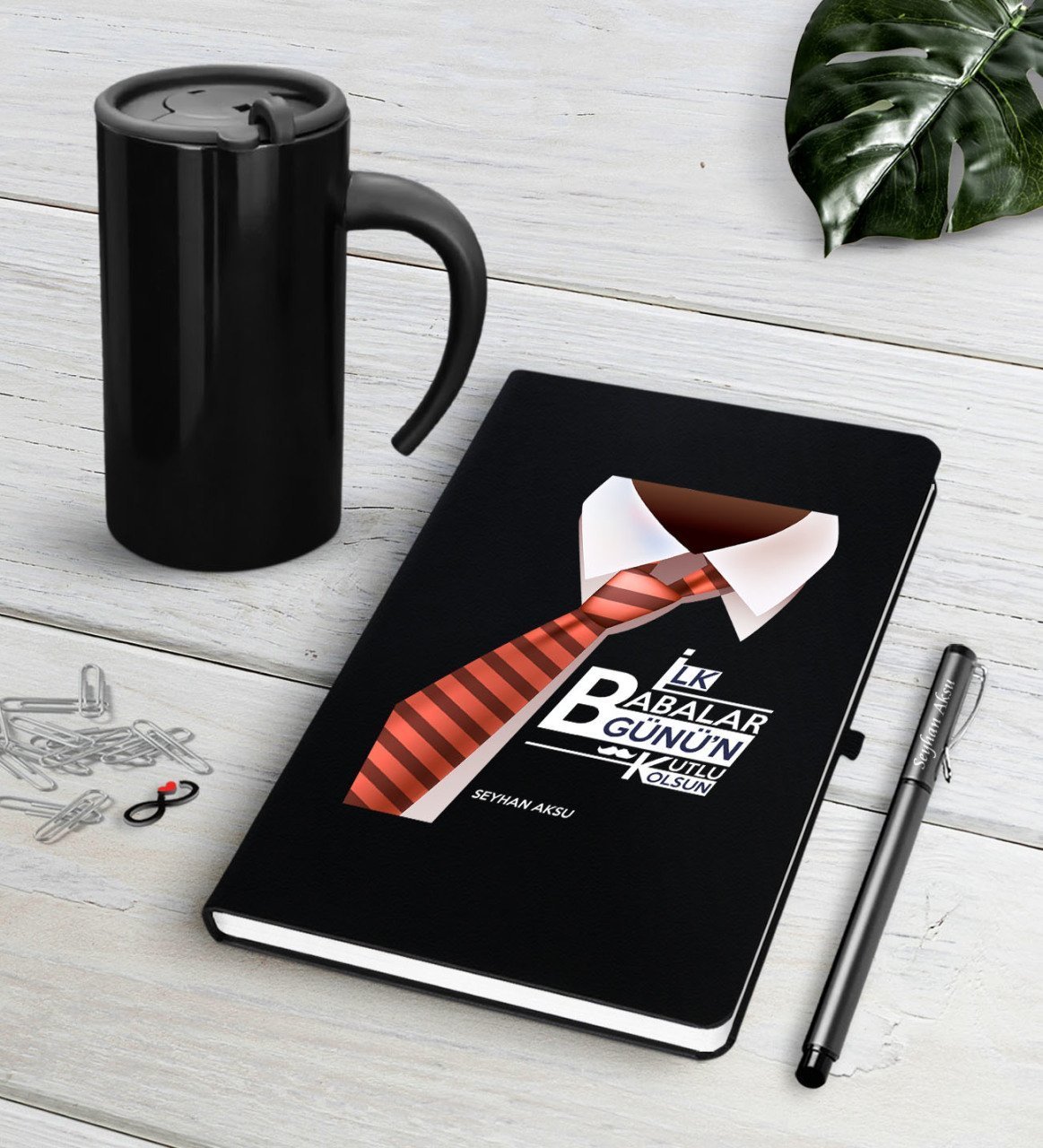 Kişiye Özel İlk Babalar Günün Kutlu Olsun Siyah Defter Kalem Termos Mug Seti-4