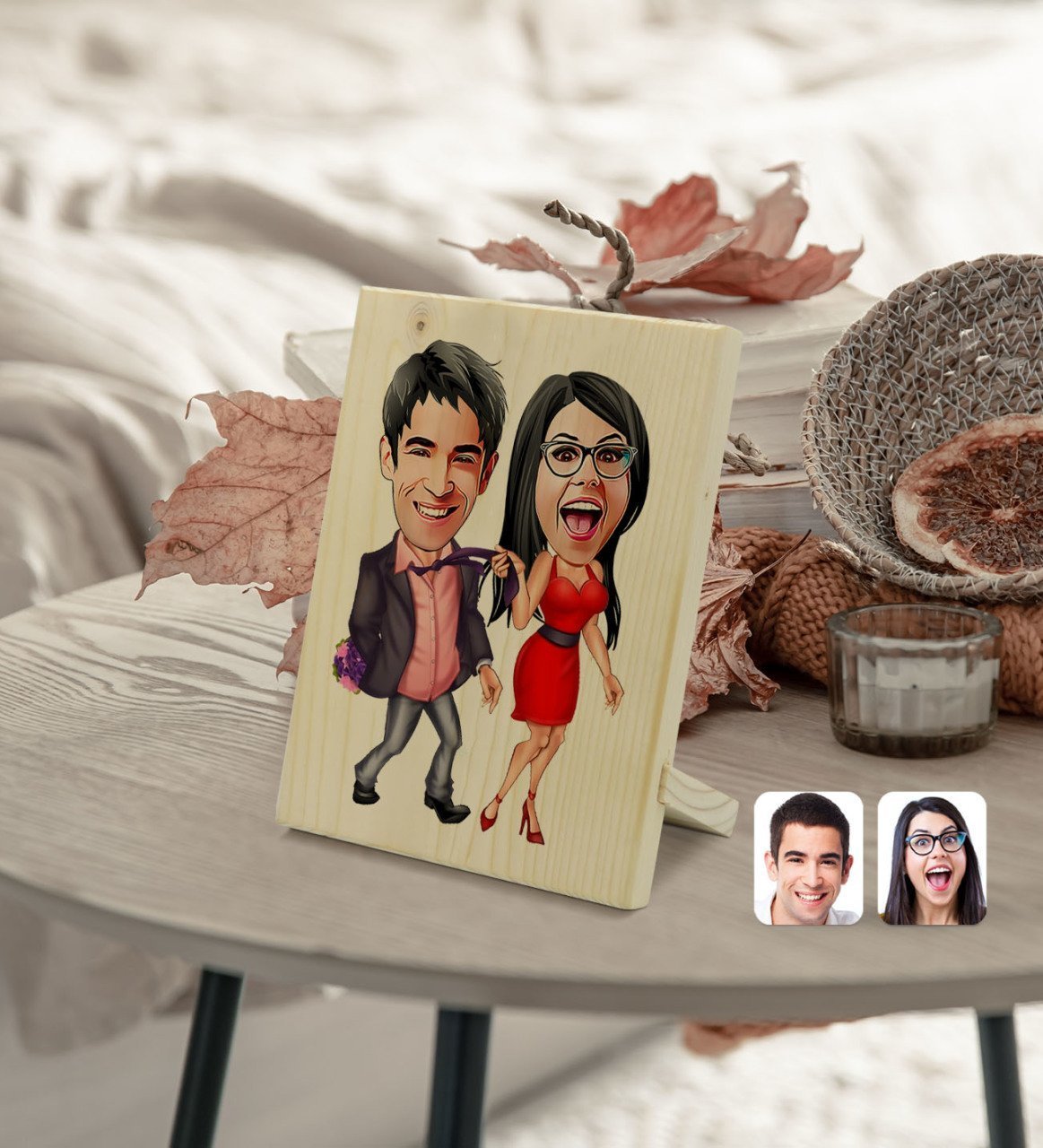 Kişiye Özel Sevgililer Karikatürlü Dekoratif Ahşap Çerçeve Model 4