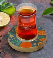 Kişiye Özel Portakal Tasarımlı Doğal Ahşap Tabaklı Heybeli Çay Bardağı Model 1