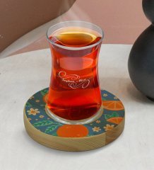 Kişiye Özel Portakal Tasarımlı Doğal Ahşap Tabaklı Heybeli Çay Bardağı Model 1