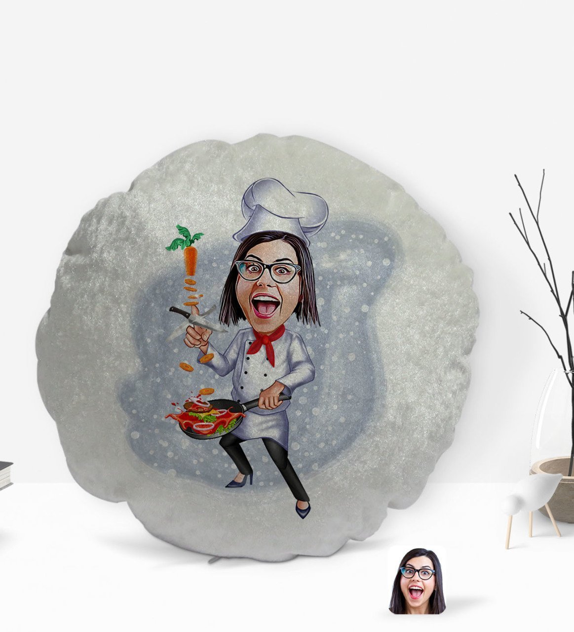 Kişiye Özel Kadın Chef Karikatürlü Yuvarlak Dekoratif Kırlent Yastık-2