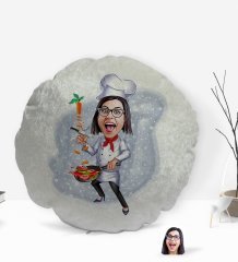 Kişiye Özel Kadın Chef Karikatürlü Yuvarlak Dekoratif Kırlent Yastık-2