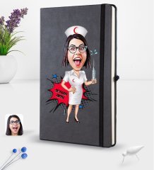 Kişiye Özel Hemşire Karikatürlü Siyah Termo Deri Defter 16x24cm Model 1