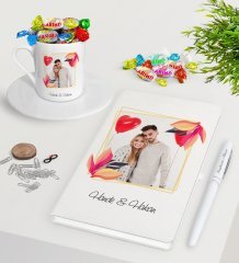 Kişiye Özel İsimli Fotoğraflı Beyaz Defter Kalem Türk Kahvesi Fincanı ve Haribo Şeker Hediye Seti-28