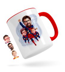 Kişiye Özel Süper Baba ve 2 Çocuk Karikatürlü Kırmızı Kupa Bardak