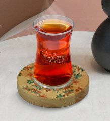 Kişiye Özel Modern Art Tasarımlı Doğal Ahşap Tabaklı Heybeli Çay Bardağı Model 21