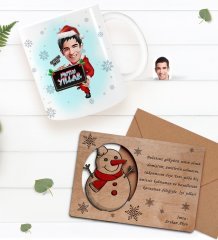Kişiye Özel Happy New Year Kupa Bardak ve Retro Ahşap Yılbaşı Tebrik Kartı Hediye Seti-13D