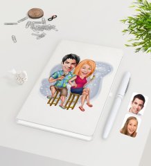 Kişiye Özel Sevgililer Karikatürlü Beyaz Defter Kalem Seti-51