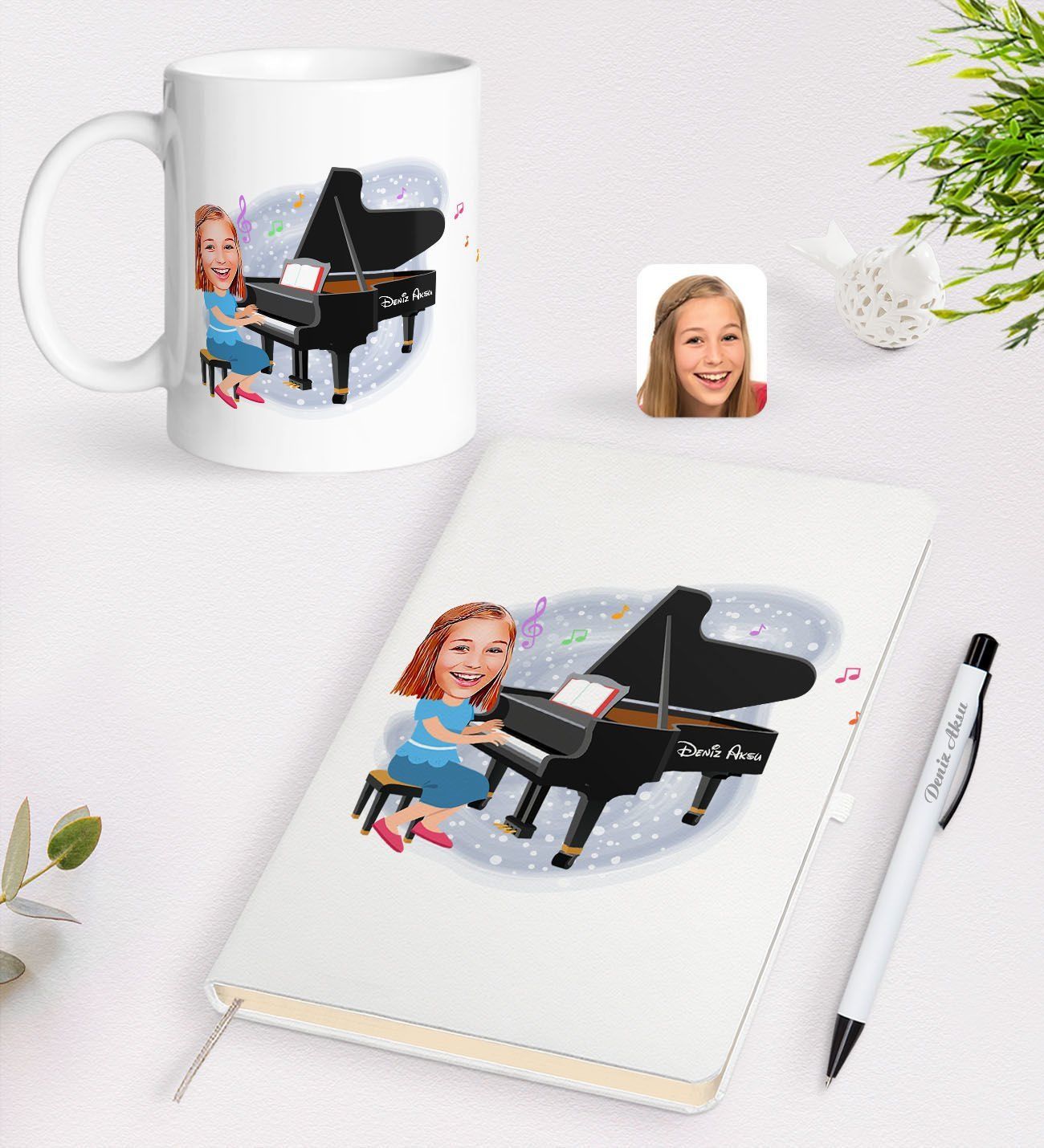 BK Gift Kişiye Özel Müzik Öğretmeni Karikatürlü Beyaz Defter Kalem Kupa Seti - 2