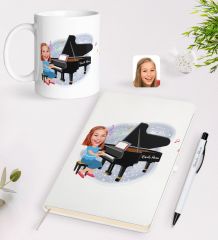 BK Gift Kişiye Özel Müzik Öğretmeni Karikatürlü Beyaz Defter Kalem Kupa Seti - 2