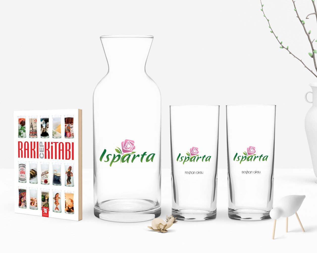 Kişiye Özel Renkli Baskılı Isparta Tasarımlı Turistik İkili Rakı Bardağı Karaf ve Cep Kitabı Hediye Seti-2