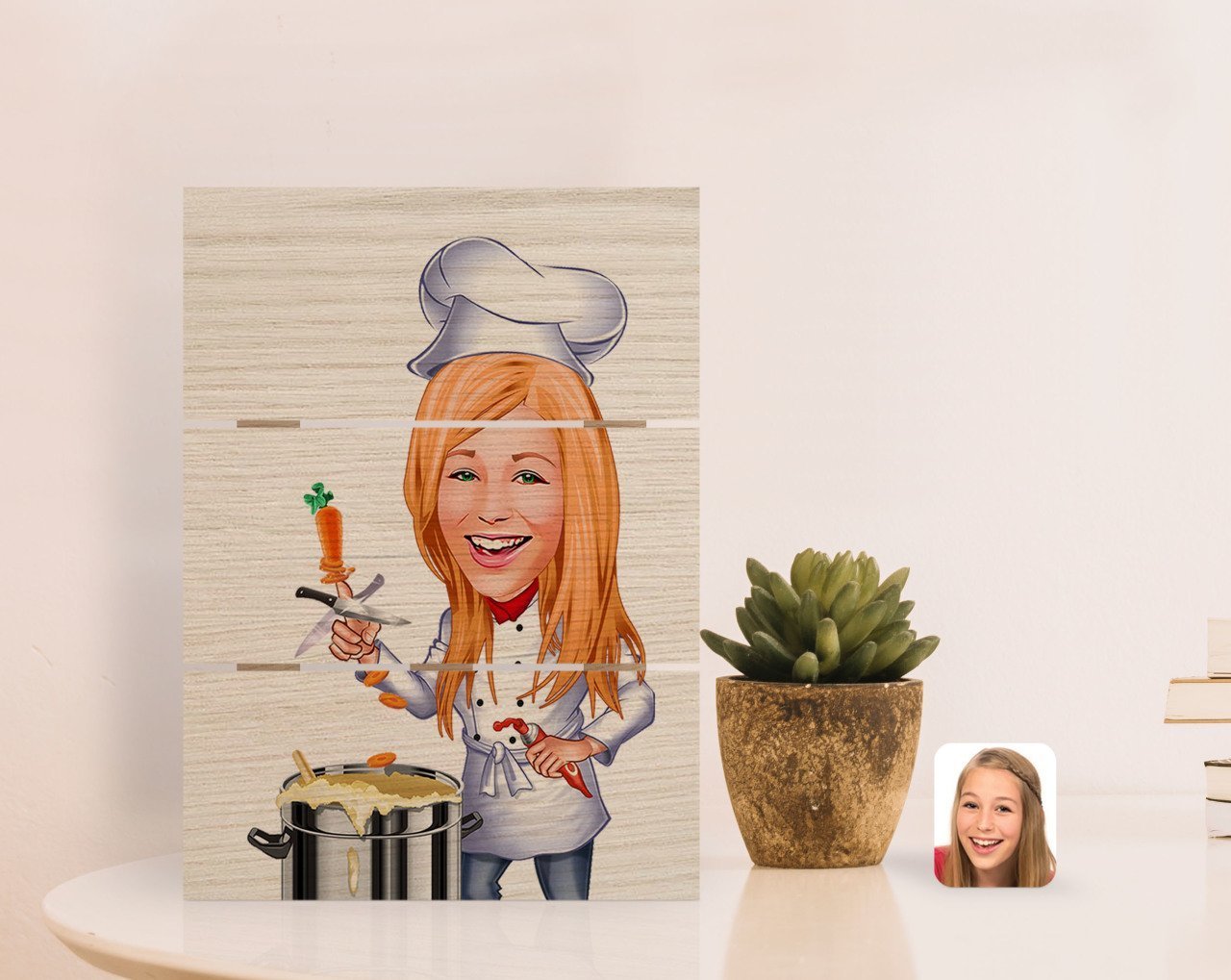 Kişiye Özel Kadın Chef Karikatürlü Otantik Masaüstü Ahşap Palet Çerçeve-1