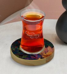 Kişiye Özel Modern Art Tasarımlı Doğal Ahşap Tabaklı Heybeli Çay Bardağı Model 20