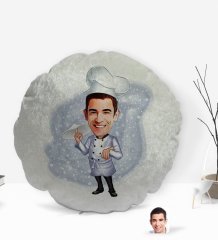 Kişiye Özel Erkek Pizza Şefi Karikatürlü Yuvarlak Dekoratif Kırlent Yastık-1